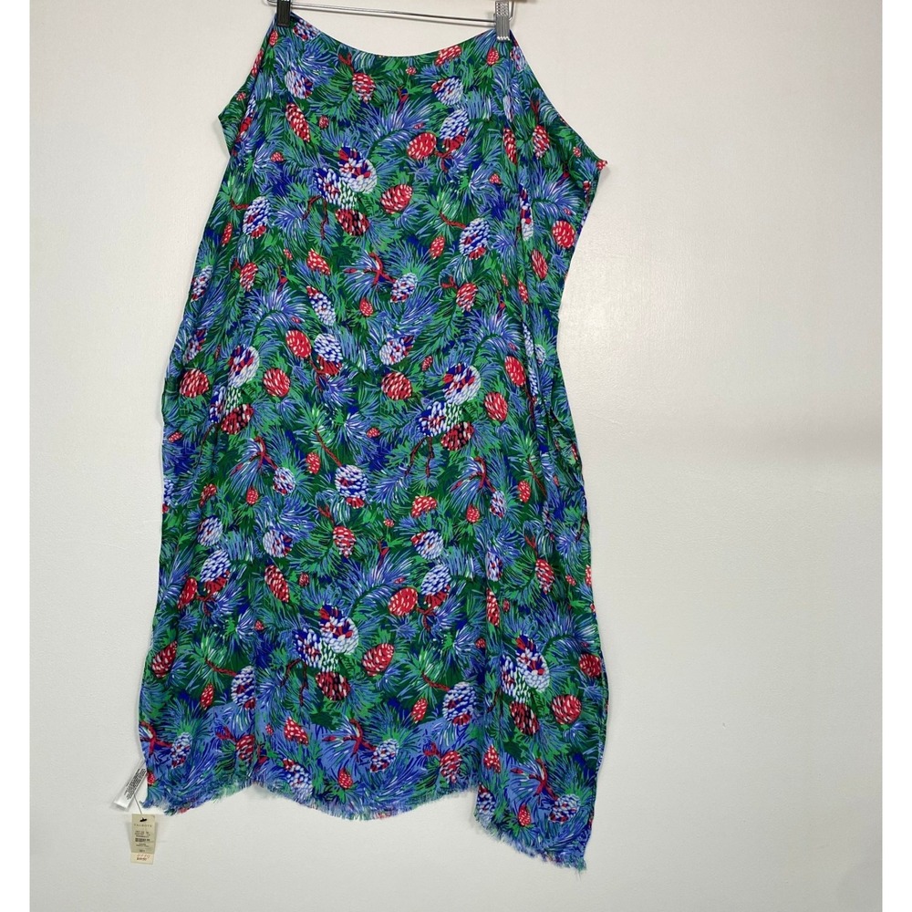 Talbots Womens Scarf One Size Green Blue Red Pinecone Print Fringed Viscose NWT